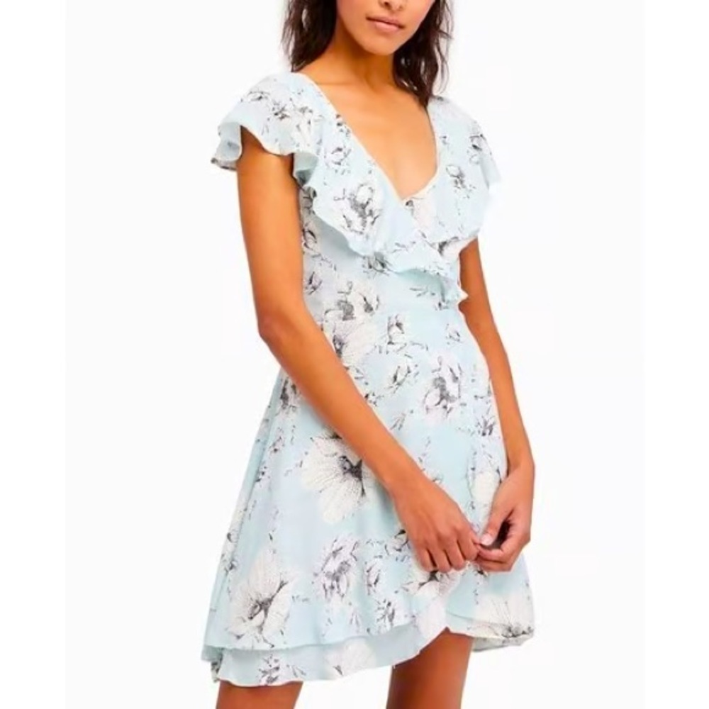 Free People Blue Floral Wrap Dress flutter sleeves